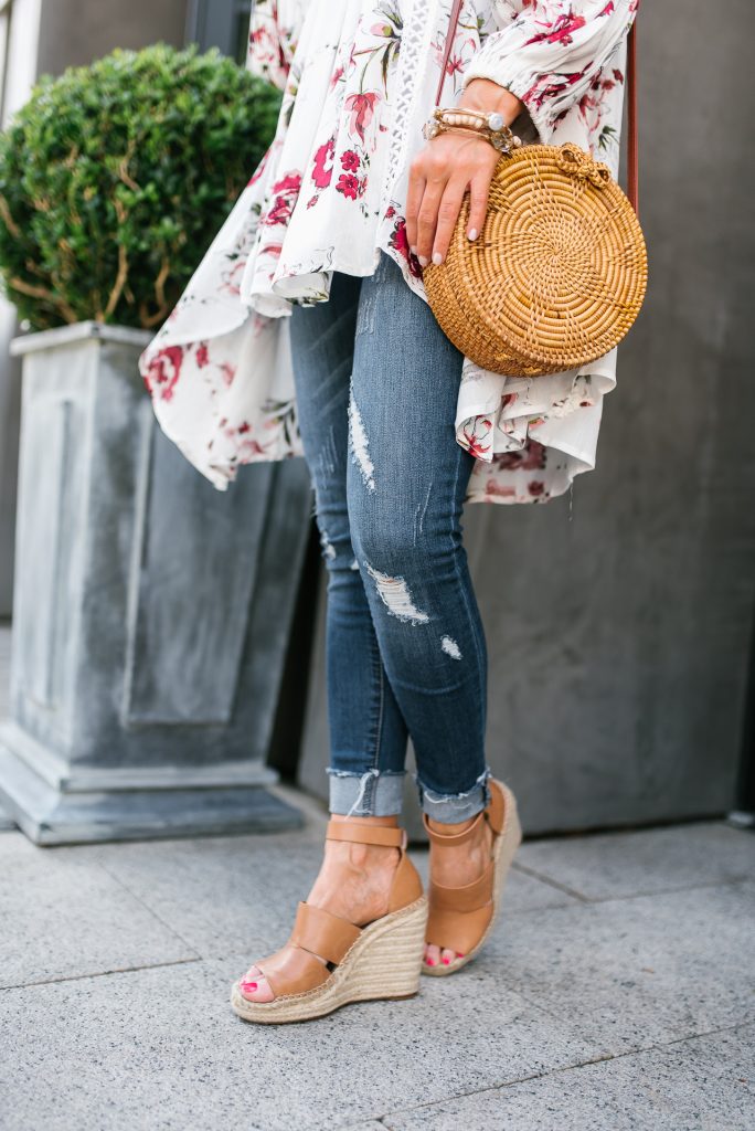 summer outfit | distressed jeans | brown wedge sandals | Petite Fashion Blogger Lady in Violet