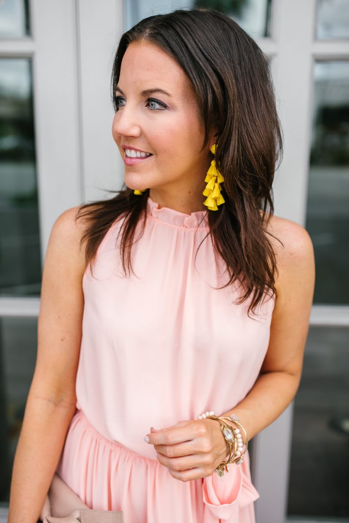 summer wedding outfit | yellow statement earrings | long pink dress | Houston Fashion Blogger Karen Kocich