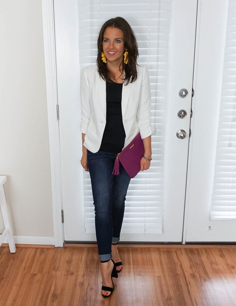 night out outfit | white blazer | cuffed jeans | Petite Fashion Blogger Lady in Violet