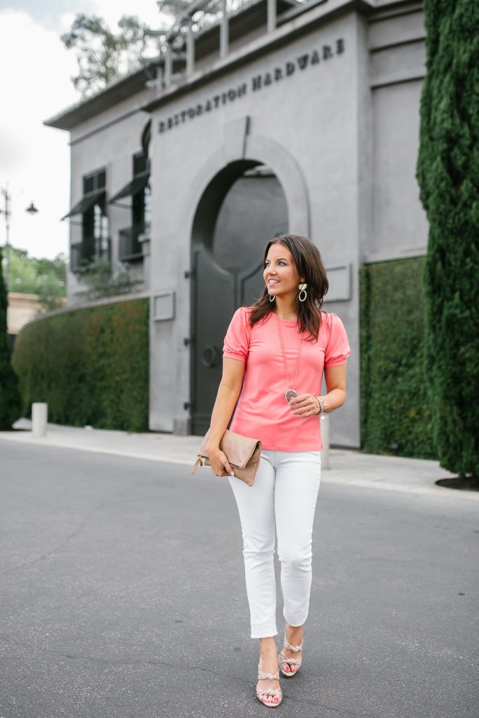 spring outfit | coral short sleeve top | white denim | Petite Fashion Blogger Lady in Violet