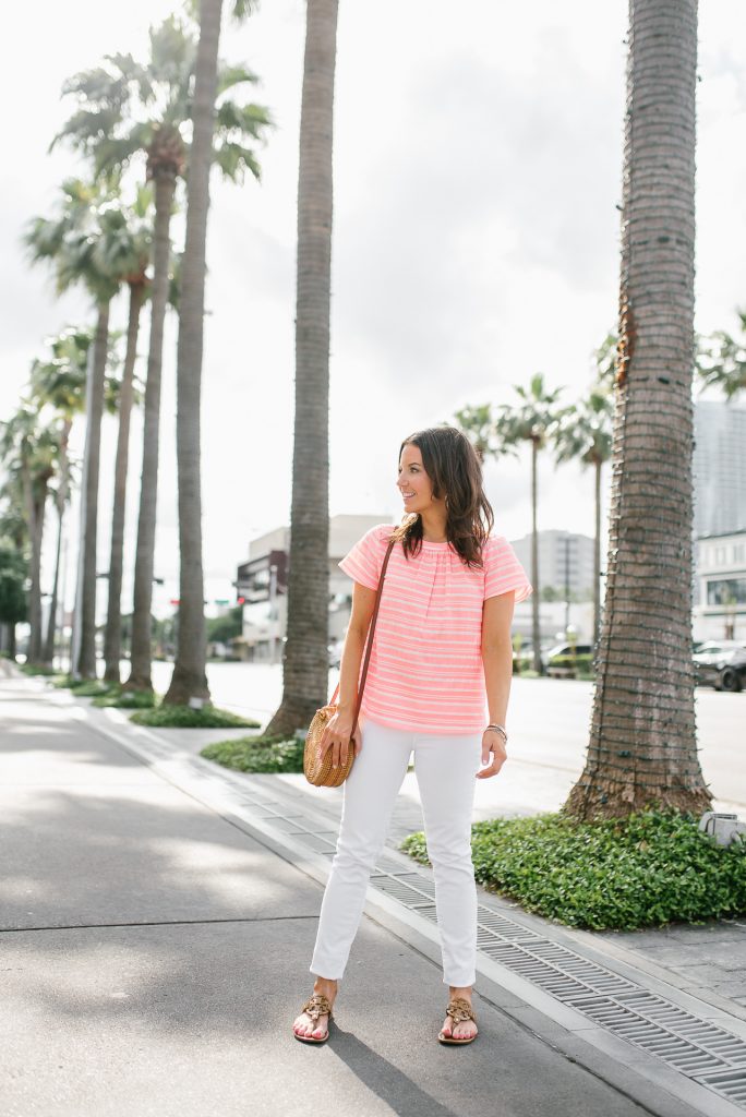 summer outfit | bright pink striped top | white skinny jeans | Houston Fashion Blogger Lady in Violet