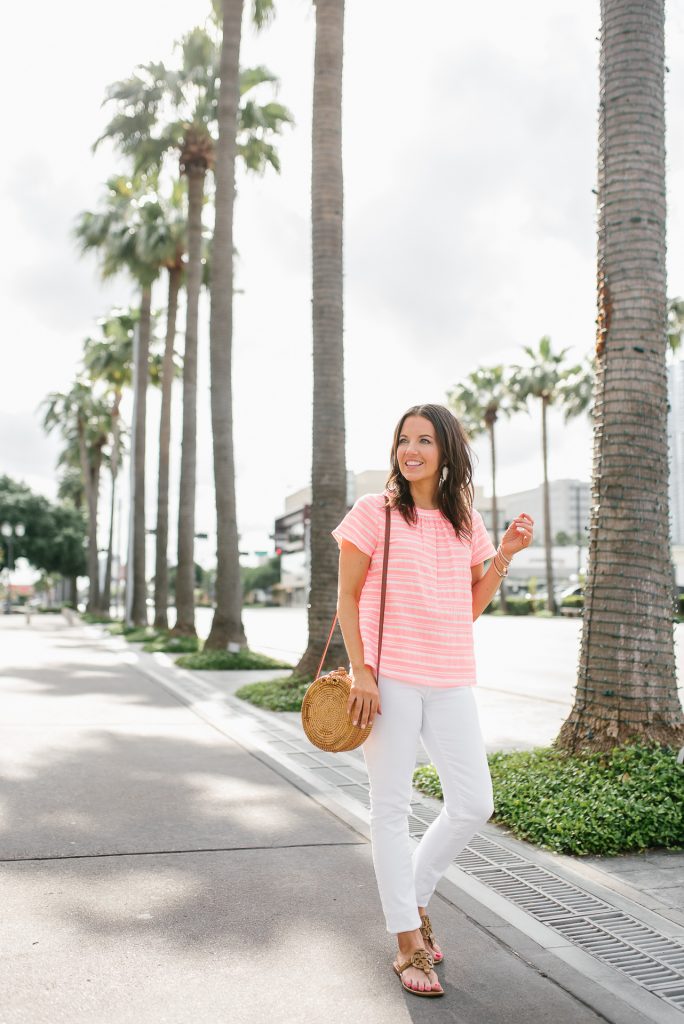 casual summer outfit | short sleeved pink blouse | white denim | Houston Fashion Blogger Lady in Violet