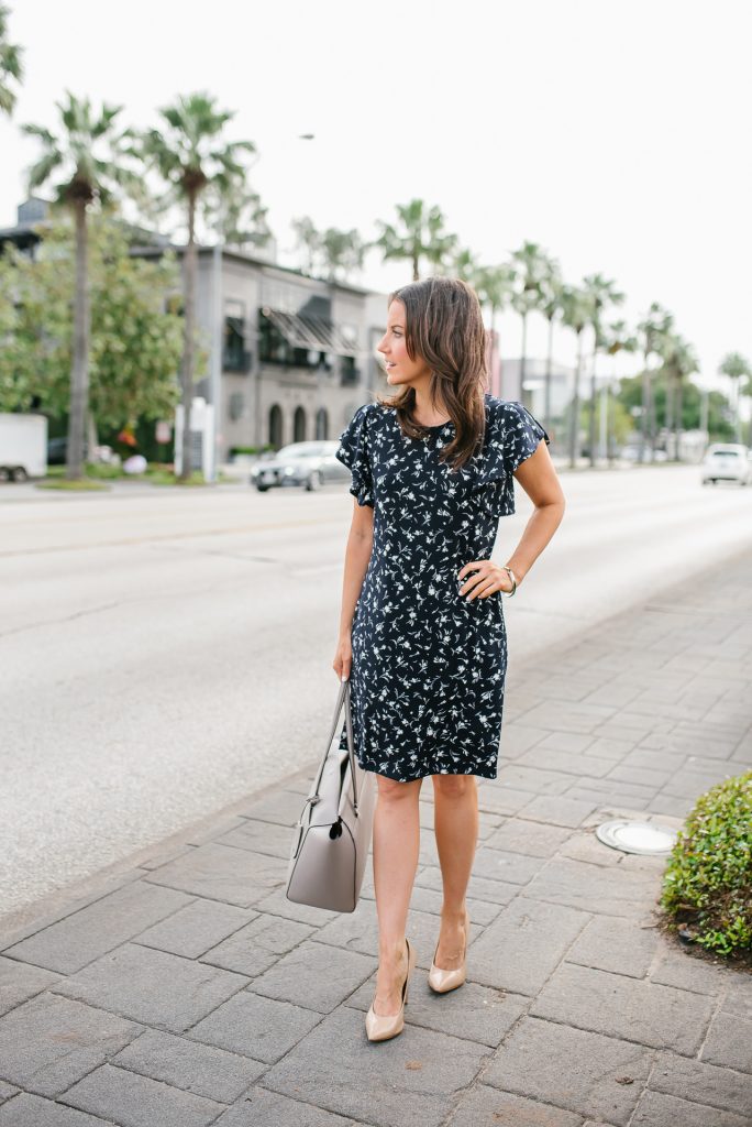 summer office outfit | navy short sleeve dress | nude colored heels | Houston Fashion Blogger Lady in Violet