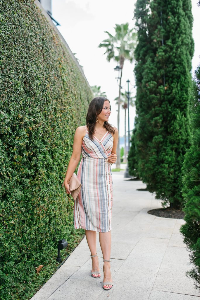 Summer outfit | striped cami dress | nude colored block heel sandals | Houston Fashion Blogger Karen Kocich