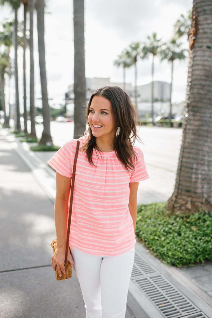 casual vacation outfit | tropical pink striped top | white jeans | Petite Fashion Blogger Lady in Violet