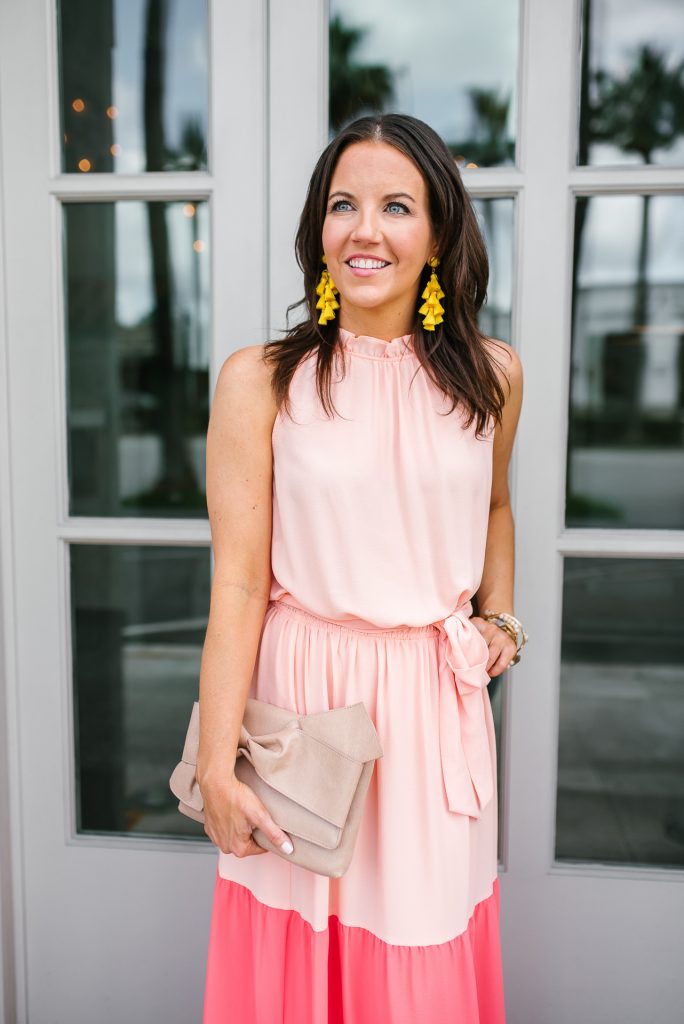 high neck pink dress | yellow statement earrings | summer fashion | Petite Fashion Blogger Lady in Violet