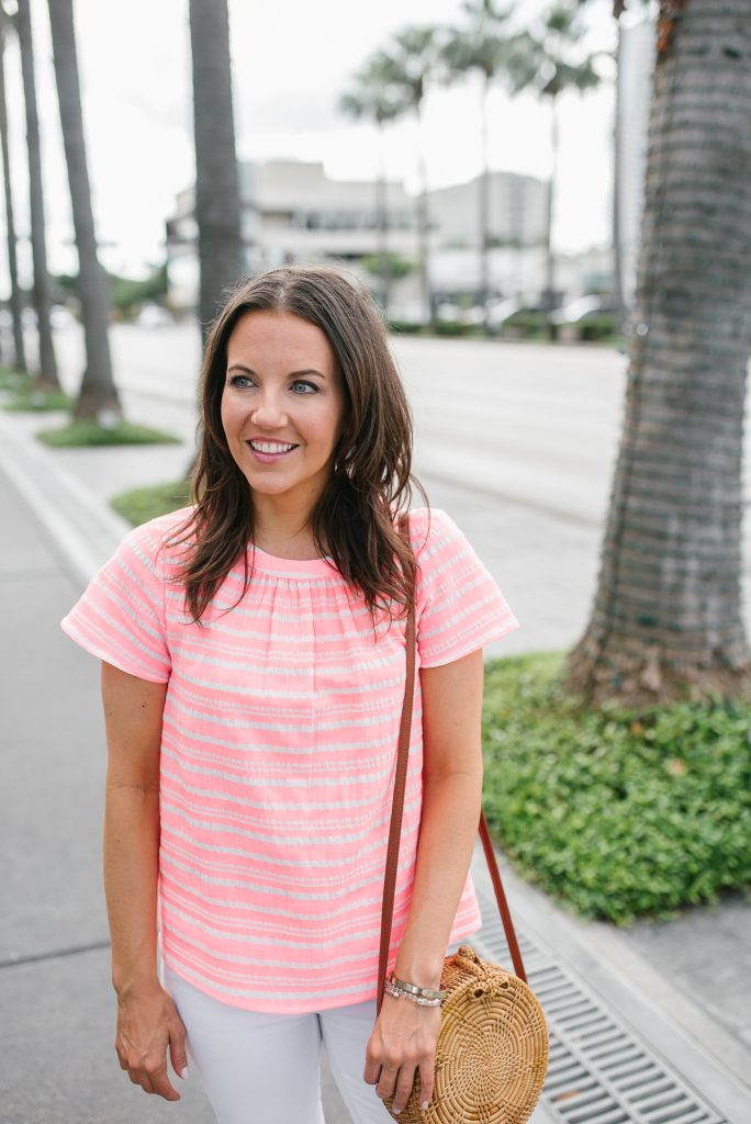 summer outfit | short sleeved pink top | straw purse | Petite Fashion Blogger Lady in Violet