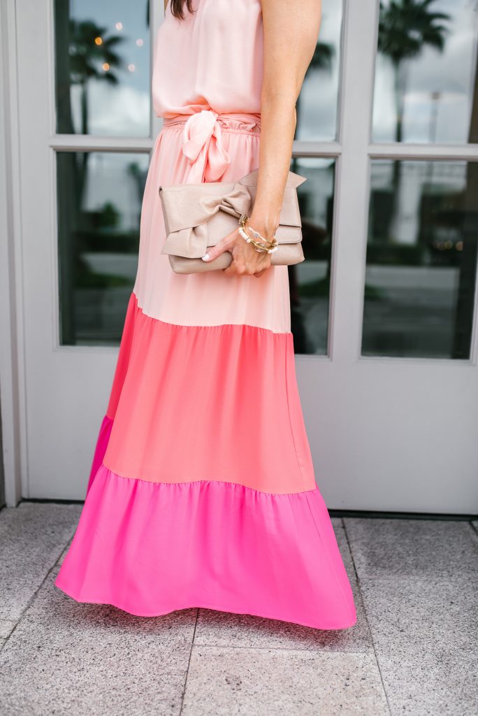 what to wear to wedding | pink color block maxi dress | nude colored clutch | Petite fashion Blogger Lady in Violet