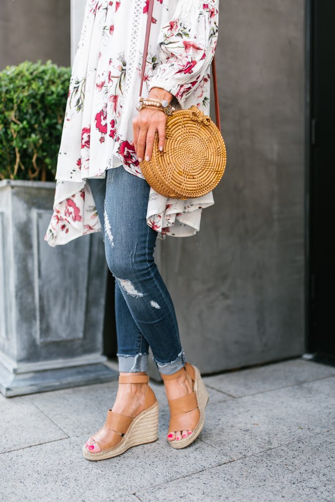 casual outfit | circle straw bag | brown wedges | Houston Fashion Blogger Lady in Violet