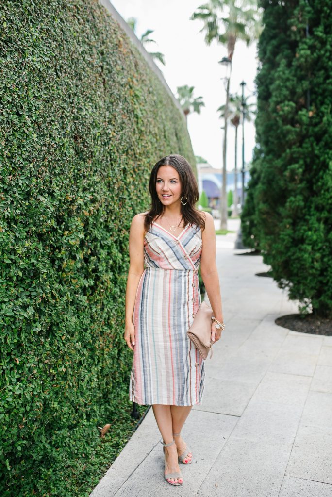 summer outfit | button front cami dress | beige block heel sandals | Petite Fashion Blogger Lady in Violet