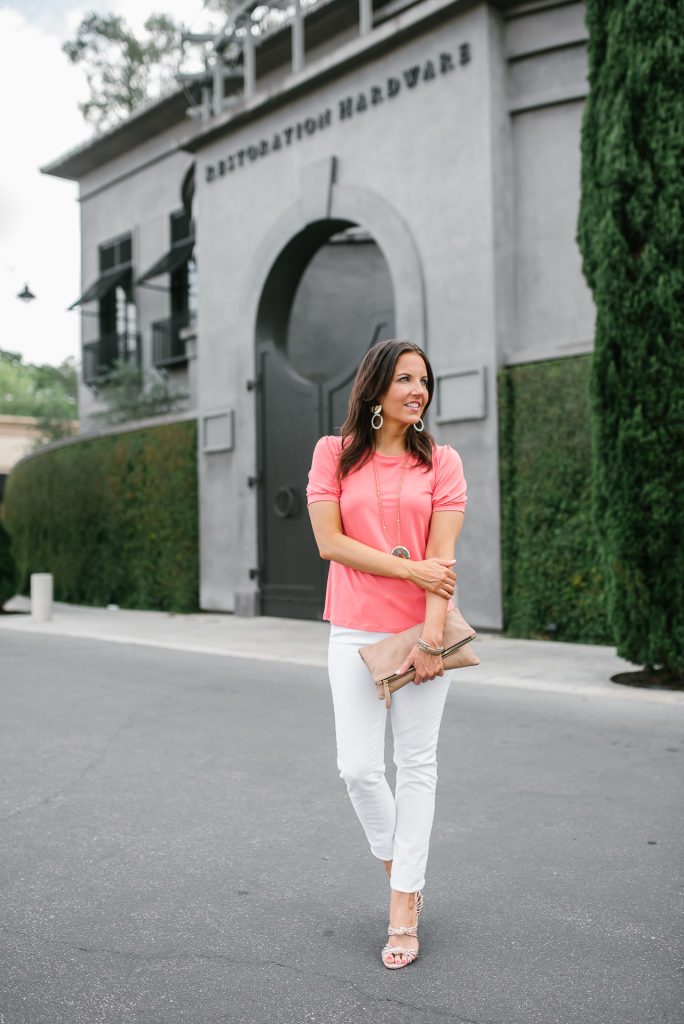 summer outfits | coral short sleeve blouse | white jeans | Houston Fashion Blogger Lady in Violet