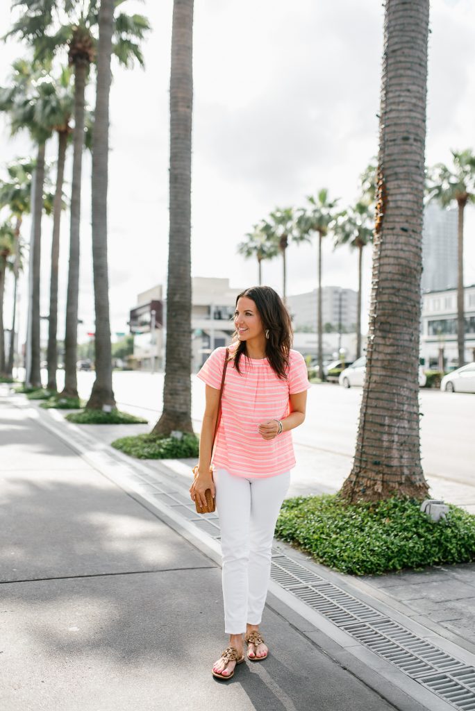 summer vacation outfit with white jeans | bright pink striped blouse | Petite Fashion Blogger Lady in Violet