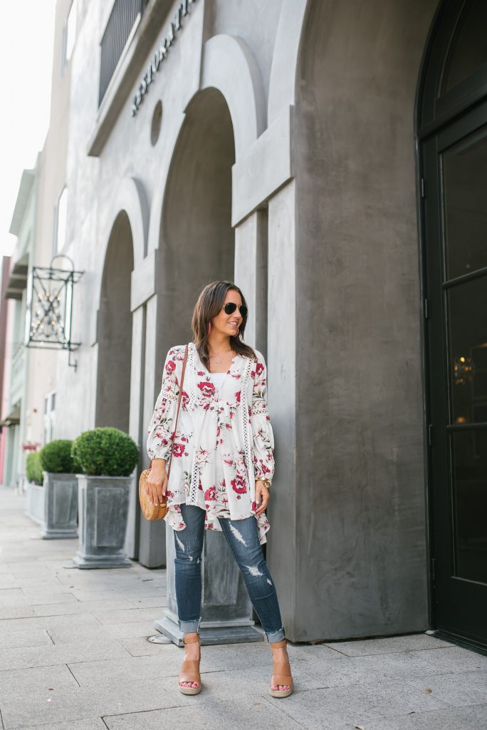 Spring outfit | white floral tunic | distressed jeans | Petite Fashion Blogger Lady in Violet