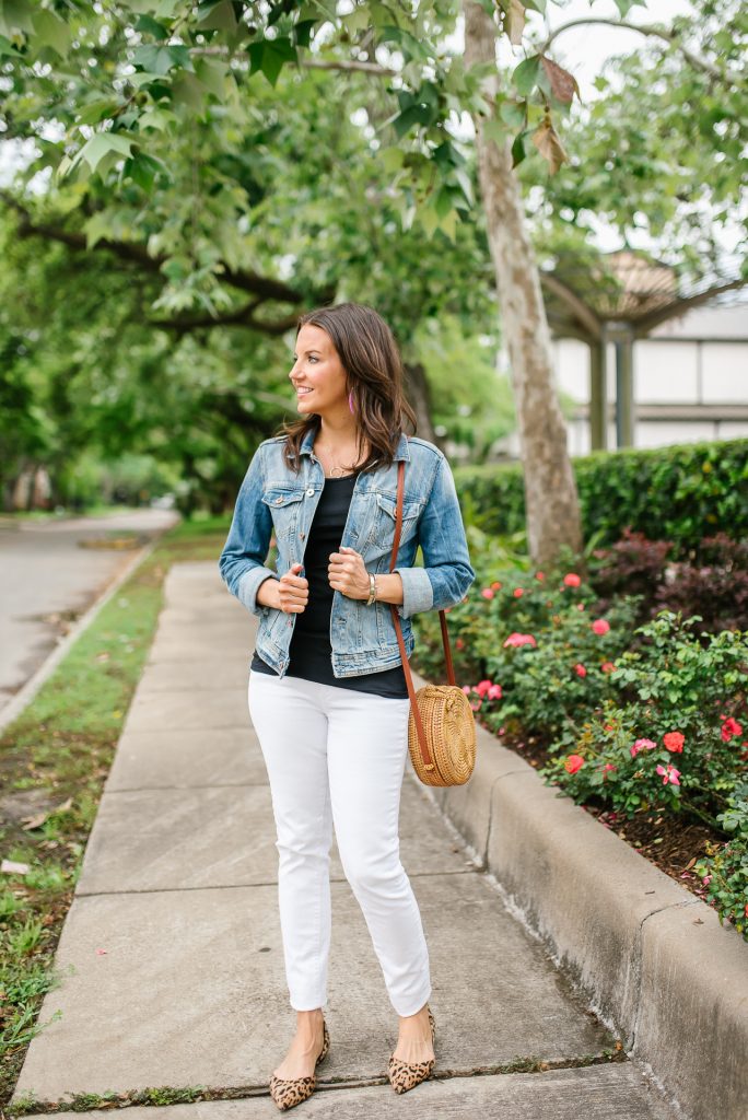 Blue denim jacket store with white jeans