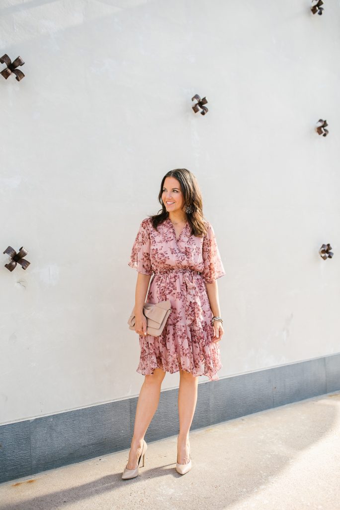 summer outfit | pink floral dress | rose gold earrings | Petite Fashion Blogger Lady in Violet