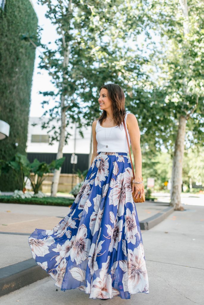 summer outfit | white tank top | blue floral maxi skirt | Petite Fashion Blogger Lady in Violet