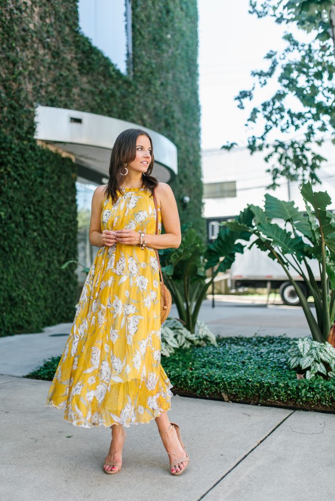 summer outfit | yellow floral dress | nude colored sandals | Petite Fashion Blogger Lady in Violet
