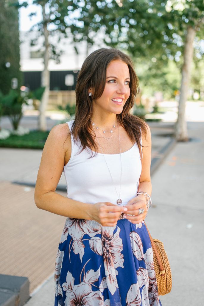 boho chic outfit | layered silver necklaces | white tank top | Houston Fashion Blogger Lady in Violet