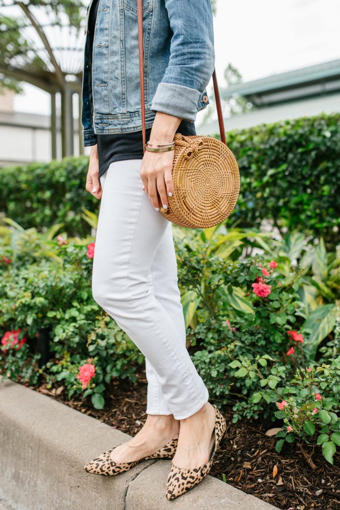 Spring outfit | white jeans | leopard print flats | Petite Fashion Blogger Lady in Violet