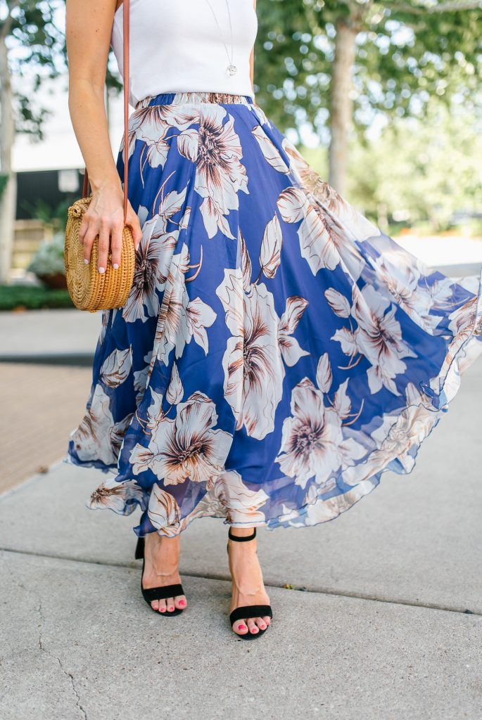 summer outfit | blue floral maxi skirt | black heeled sandals | Affordable Fashion Blogger Lady in Violet
