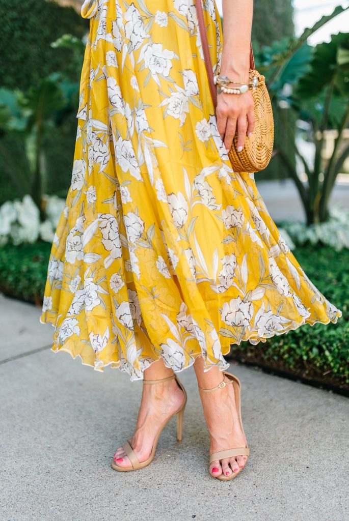 summer outfit | long yellow dress | nude colored heels | Petite Fashion Blogger Lady in Violet