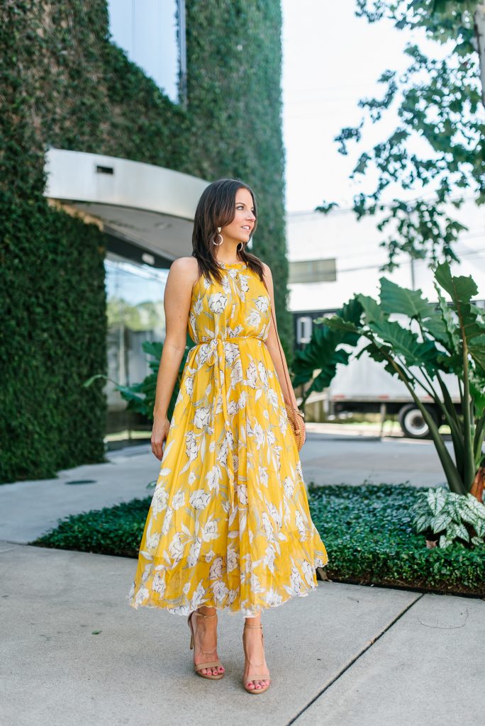 Yellow Floral Dress, Lady in Violet, Petite Fashion Blogger