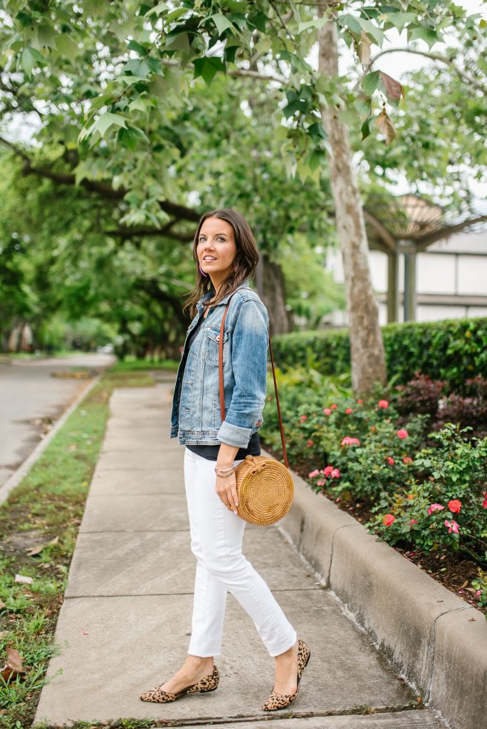 summer outfit | circle straw bag | white denim | Houston Fashion Blogger Lady in Violet