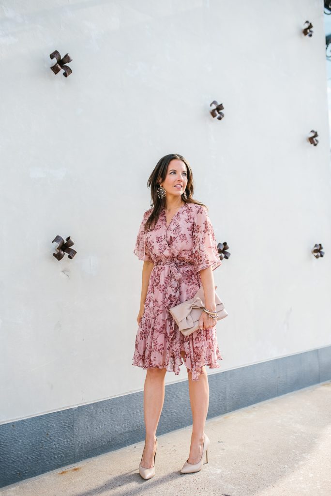 work outfit | pastel pink floral dress | nude colored clutch | Petite Fashion Blogger Lady in Violet