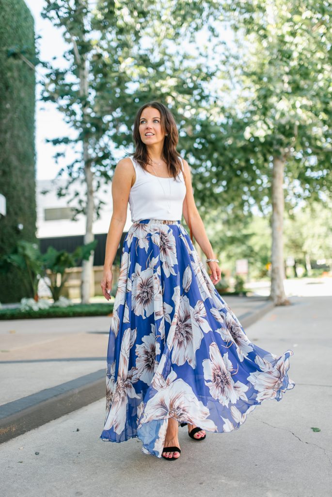 boho chic outfit | blue maxi skirt | white tank top | Petite Fashion Blogger Lady in Violet