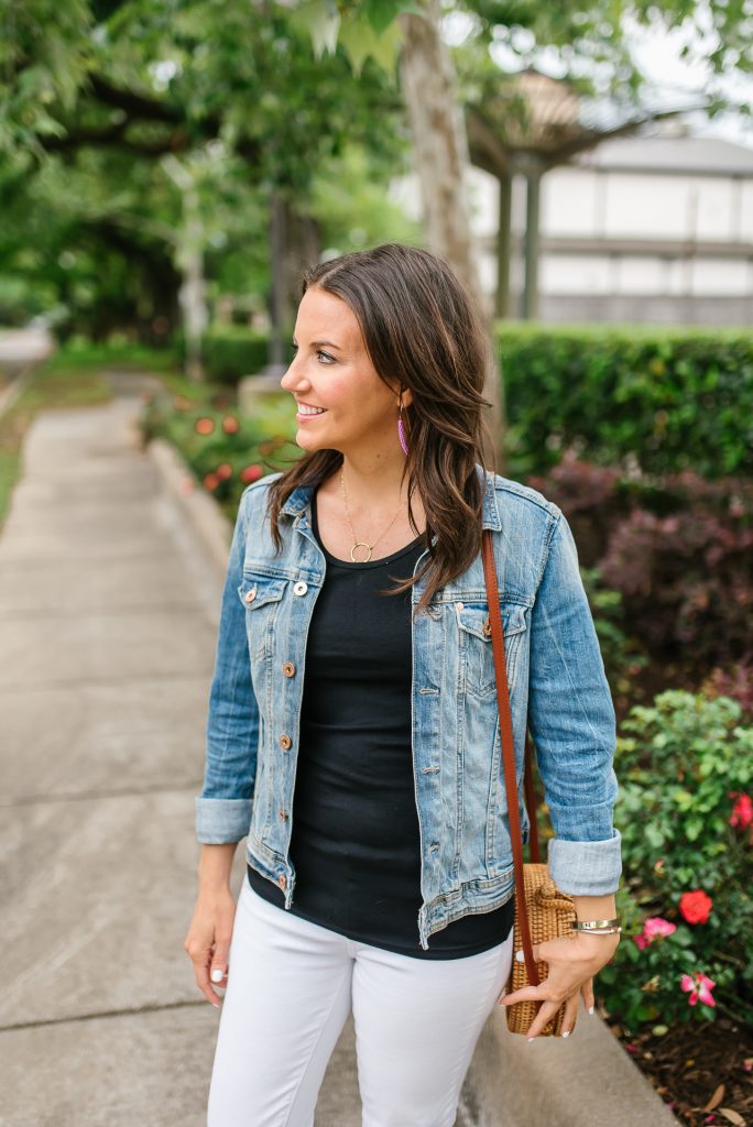 spring outfit | blue denim jacket | amazon tank top | Petite Fashion Blogger Lady in Violet