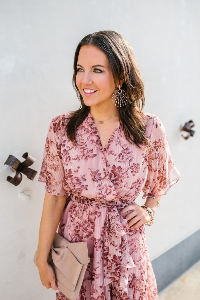 spring style | pink floral tie waist dress | kendra scott earrings | Houston Fashion Blogger Lady in Violet