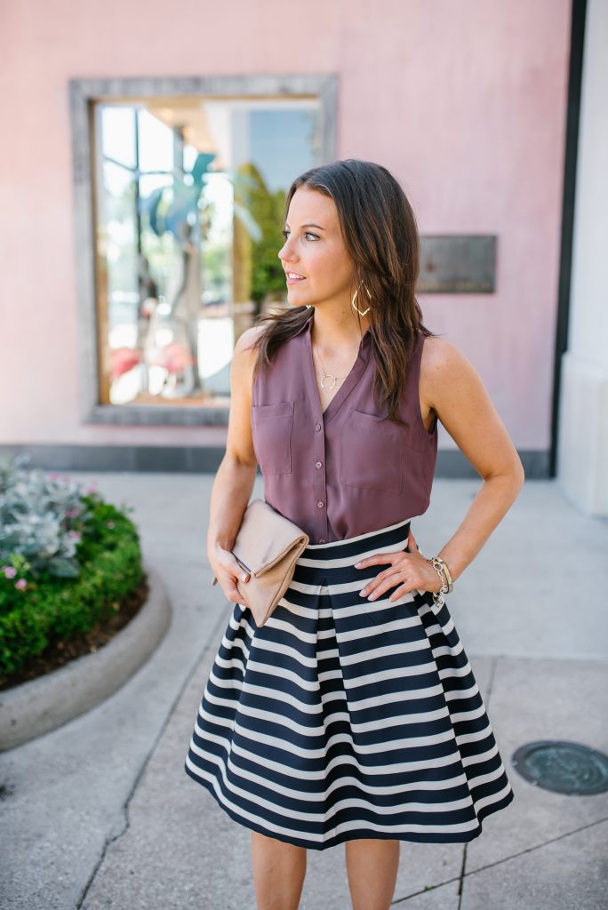 work outfit | blue striped skirt | purple sleeveless blouse | Affordable Fashion Blogger Lady in Violet