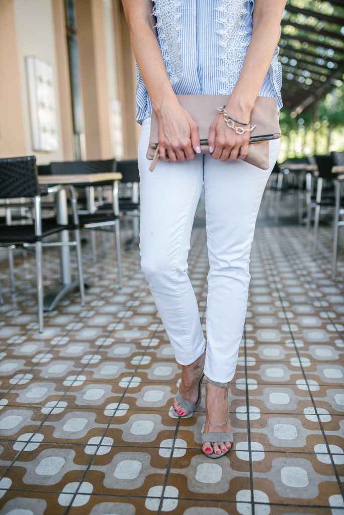 spring outfit | white jeans | nude colored suede sandals | Houston Fashion Blogger Lady in Violet