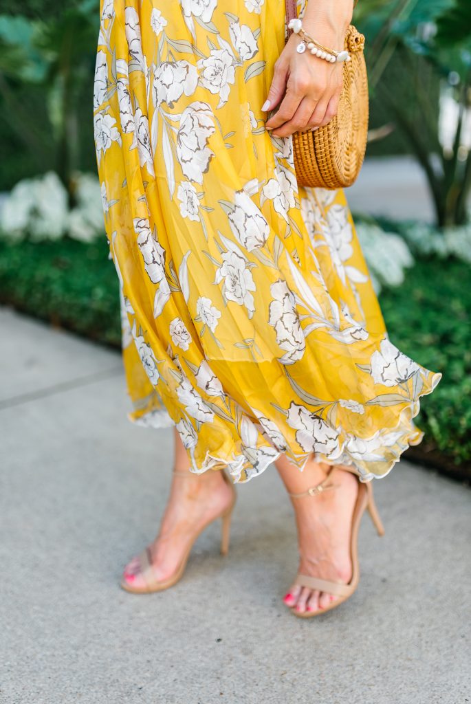 summer outfit | long yellow dress | circle straw bag | Affordable Fashion Blogger Lady in Violet