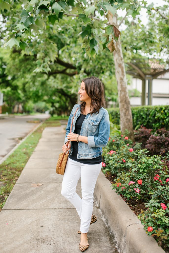 casual summer outfit | blue jean jacket | leopard flats | Petite Fashion Blogger Lady in Violet