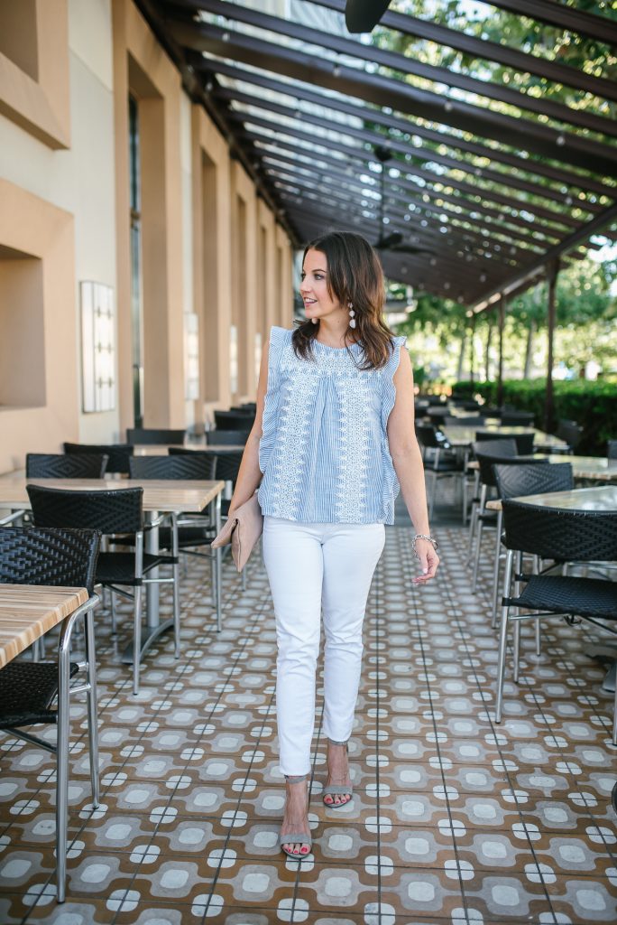 Summer outfit | blue white striped top | thick white skinny jeans | Petite Fashion Blogger Lady in Violet