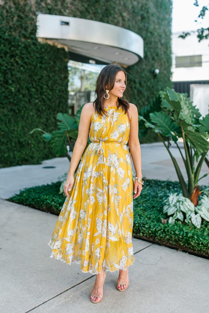 summer outfit | yellow floral long dress | nude colored sandals | Petite Fashion Blogger Lady in Violet