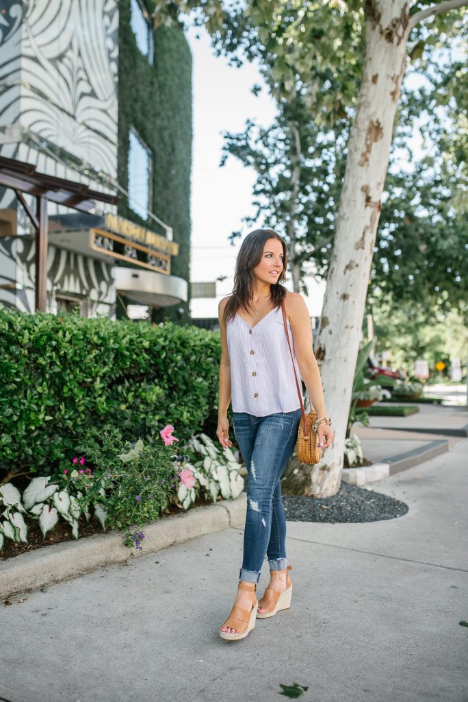 summer outfit | button front cami top | distressed jeans | Petite Fashion Blogger Lady in Violet