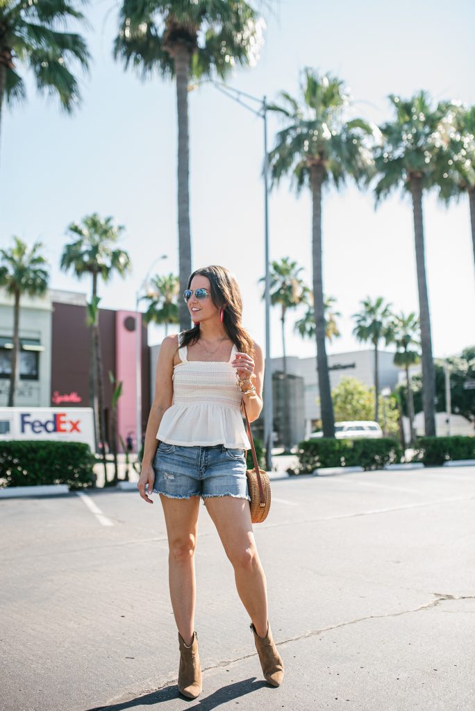summer outfit | peplum tank top | distressed jean shorts | Petite Fashion Blogger Lady in Violet