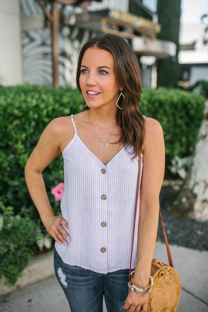 casual outfit | button front cami top | gold nashelle necklace | Houston Fashion Blogger Lady in Violet
