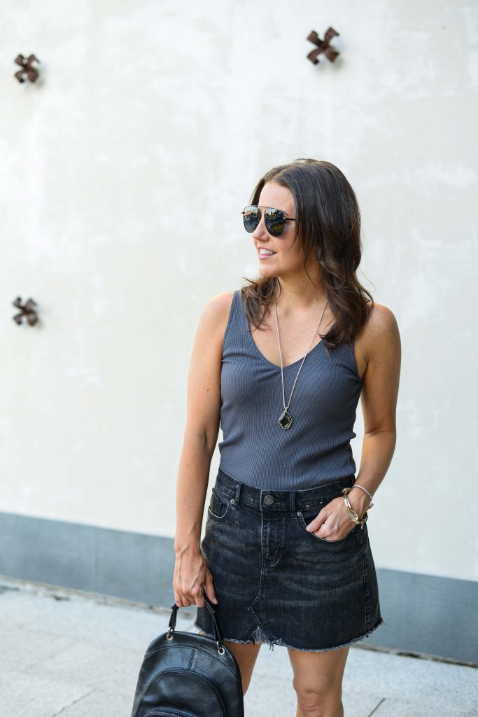 casual outfit | dark gray sleevless top | charcoal denim skirt | Affordable Fashion Blogger Lady in Violet