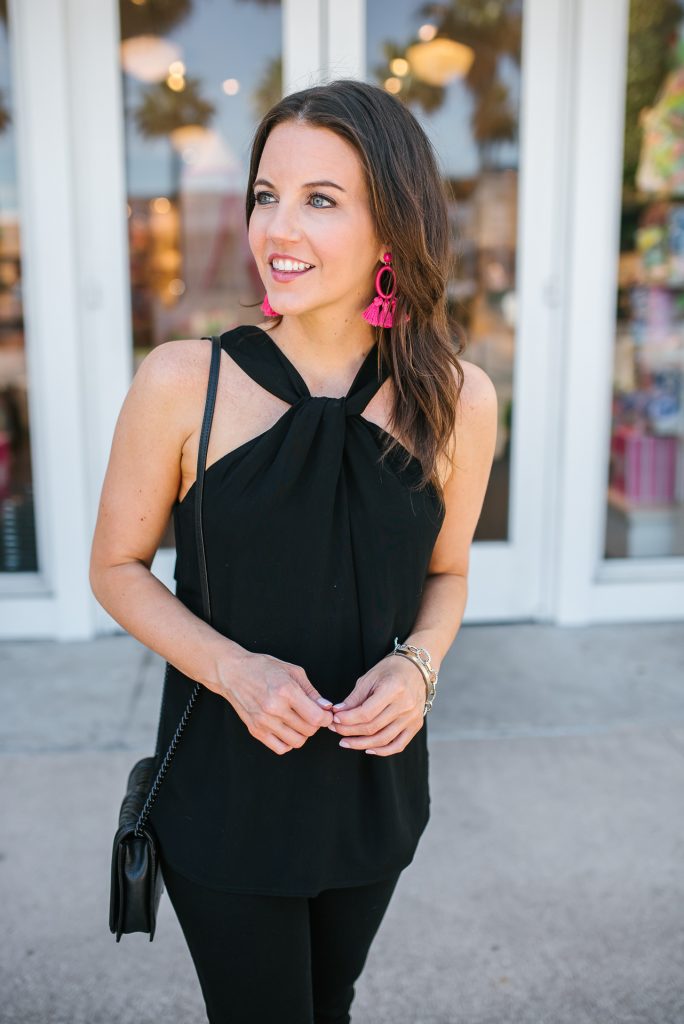 Summer outfit | black halter top | pink tassel earrings | Petite Fashion Blogger Lady in Violet