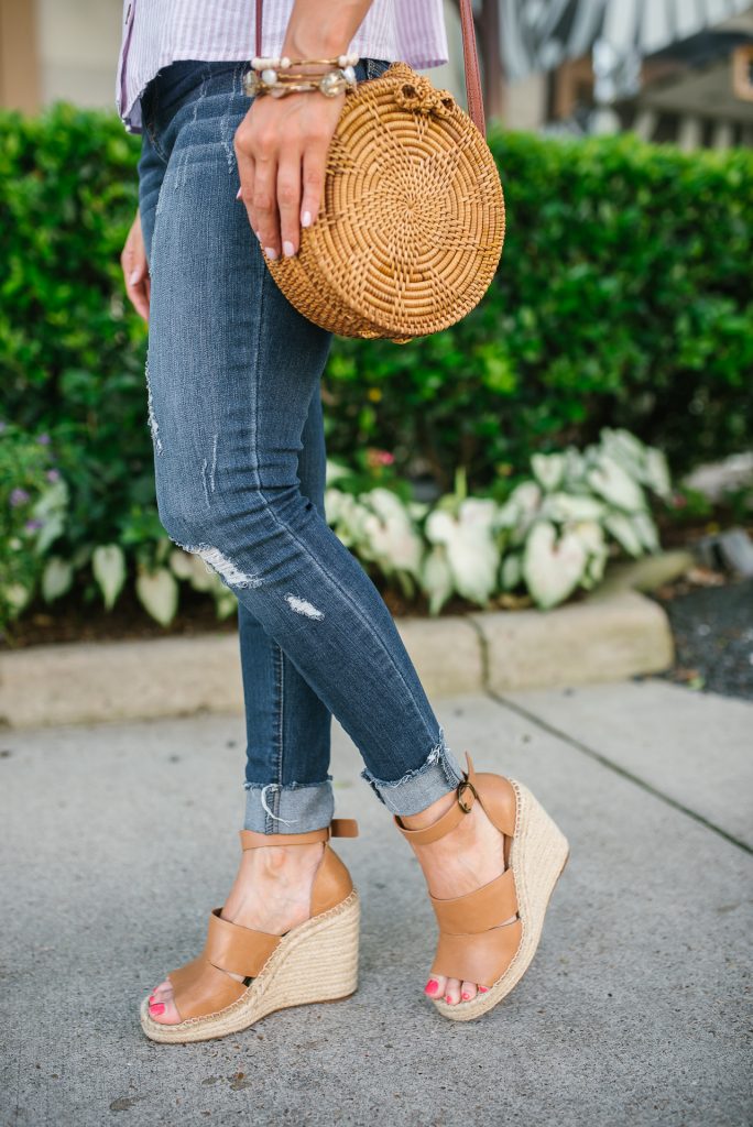 casual summer outfit | distressed jeans | brown wedge sandals | Affordable Fashion Blogger Lady in Violet