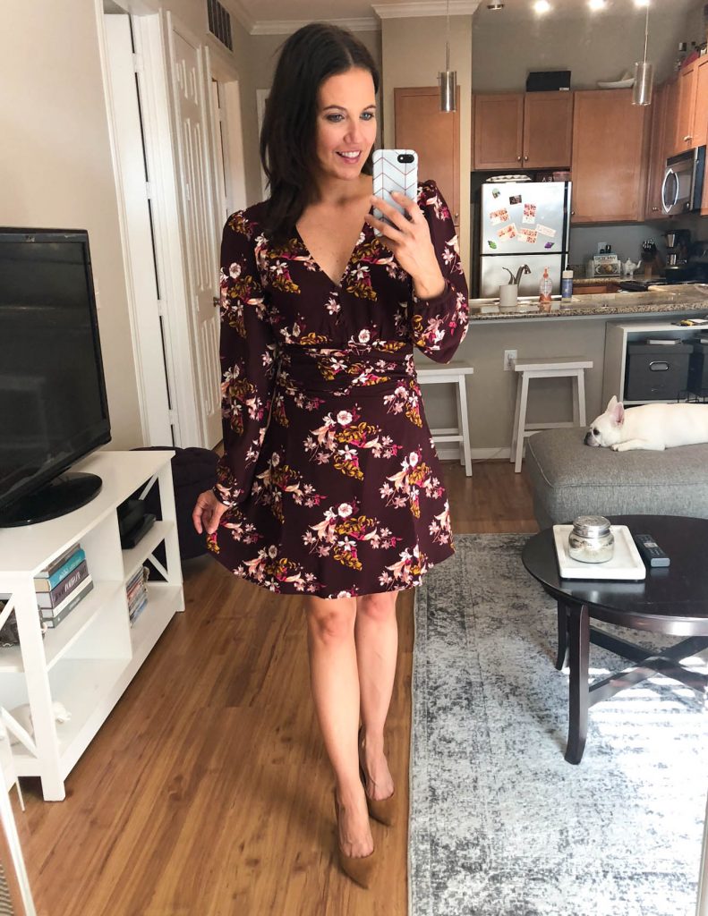 fall work wear | burgundy floral dress | brown suede heels | Houston Fashion Blogger Lady in Violet