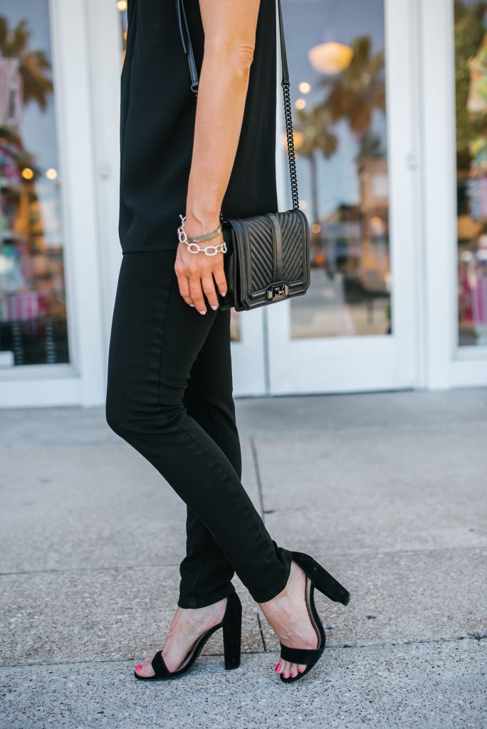 going out outfit | black skinny jeans | block heel sandals | Affordable Fashion Blogger Lady in Violet