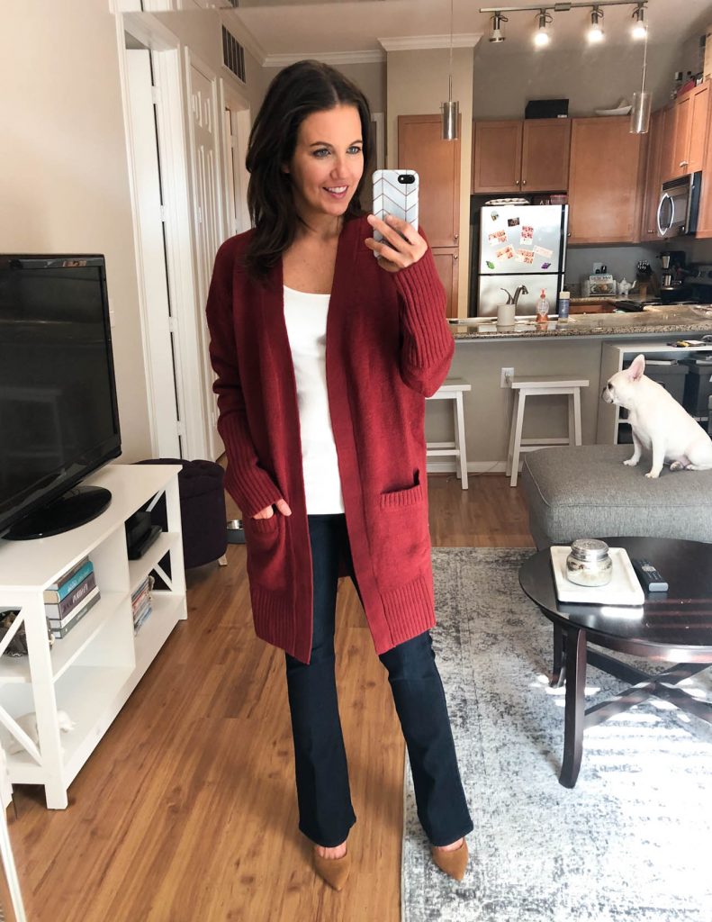 fall outfit | red long cardigan | dark wash flared jeans | Affordable Fashion Blogger Lady in Violet