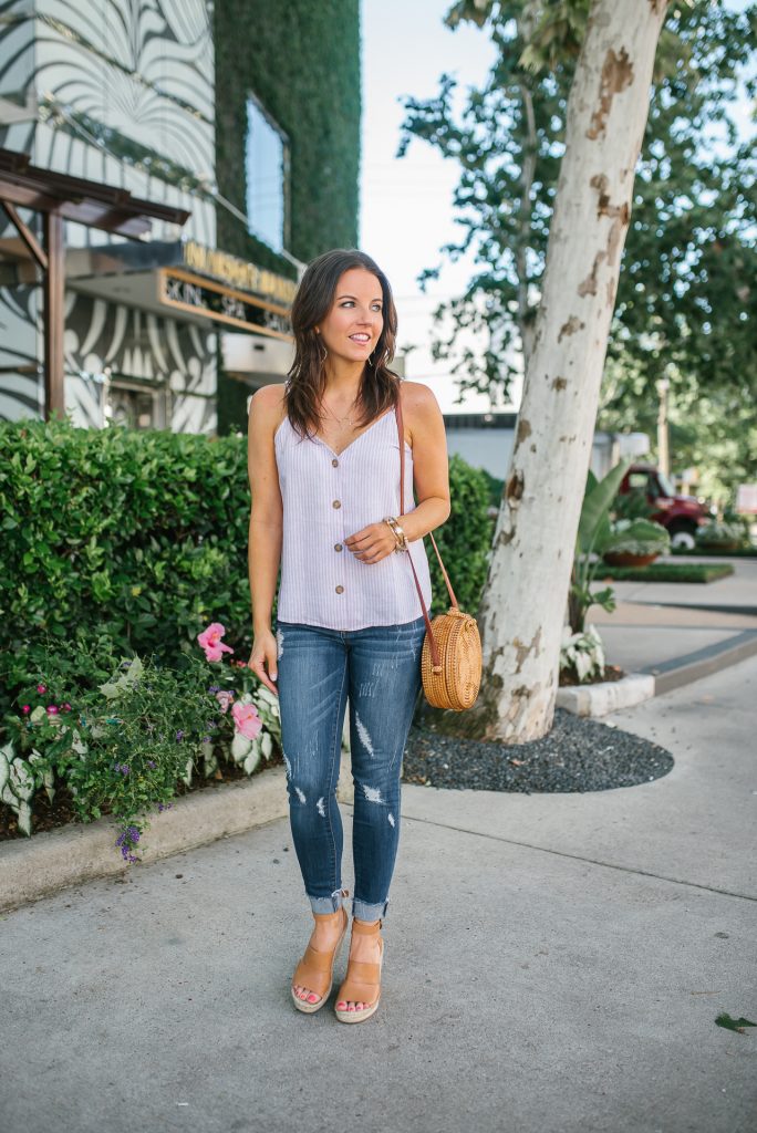 summer outfit | button front top | distressed jeans | Houston Fashion Blogger Lady in Violet