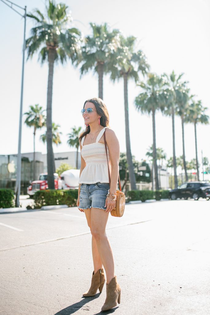 summer outfit | smocked peplum top | distressed denim shorts | Houston Fashion Blogger Lady in Violet