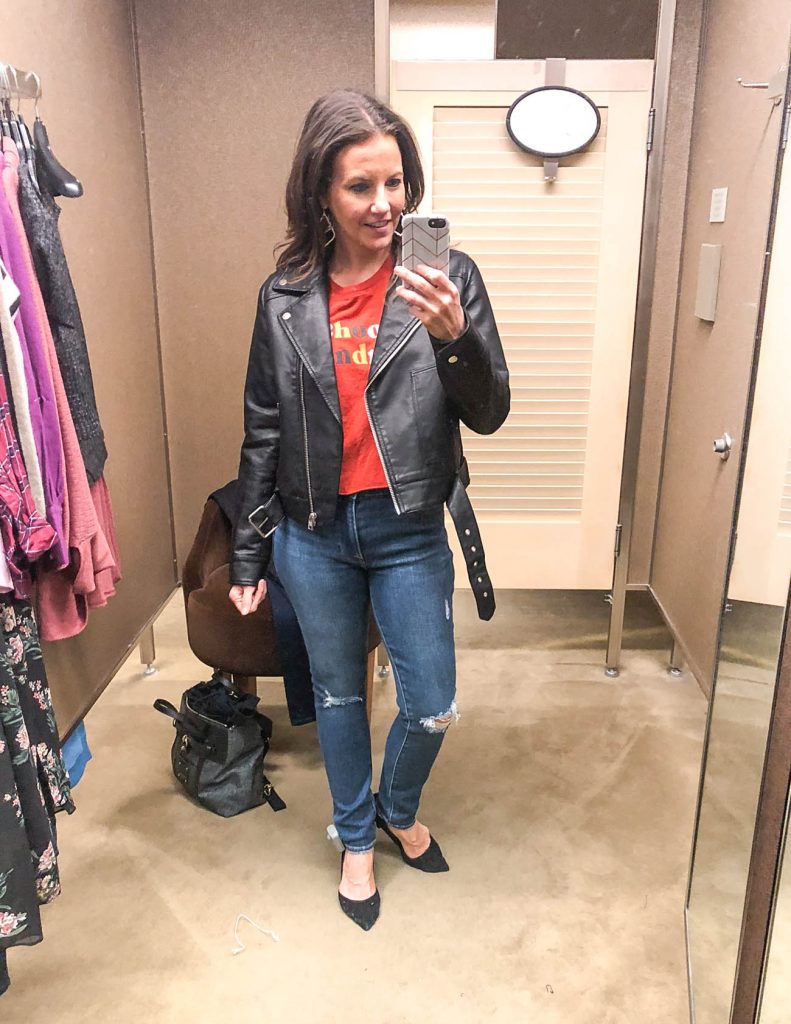 Trendy fall outfit | graphic tee | leather moto jacket | Petite Fashion Blogger Lady in Violet