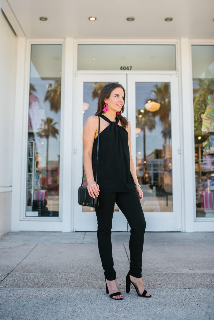 all black summer outfit | halter top | block heel sandals | Houston Fashion Blogger Lady in Violet